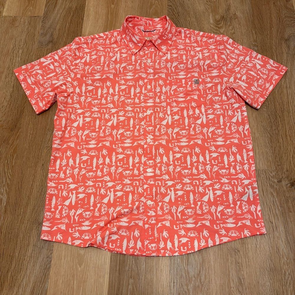 Huk Coral Short-Sleeve Printed Button-Down Shirt Men’s Large Fishing Beach